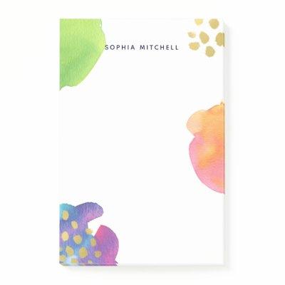 Colorful Abstract Watercolor with Gold Post-it Notes