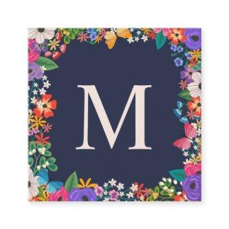 Colorful Flowers & Butterfly Framed Monogram Square
