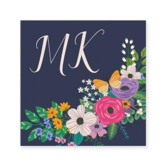 Colorful Flowers & Butterfly - Monogram Square