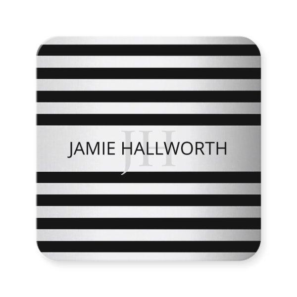 Contemporary Faux Silver Ombre Stripes & Black Square