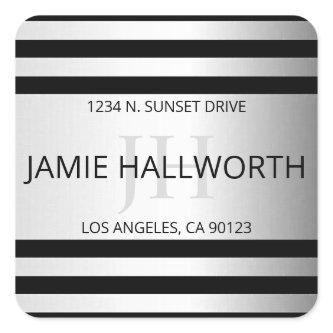 Contemporary Faux Silver Ombre Stripes & Black Square Sticker