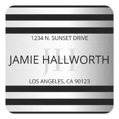 Contemporary Faux Silver Ombre Stripes & Black Square Sticker