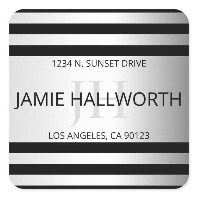 Contemporary Faux Silver Ombre Stripes & Black Square Sticker