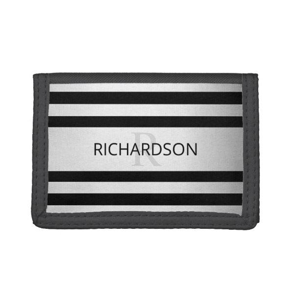 Contemporary Faux Silver Ombre Stripes & Black Trifold Wallet