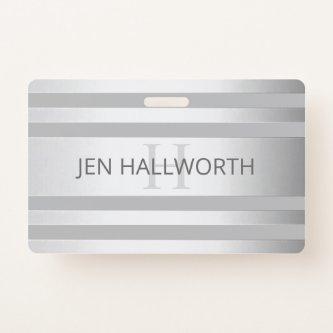 Contemporary Faux Silver Ombre Stripes & Grey Badge