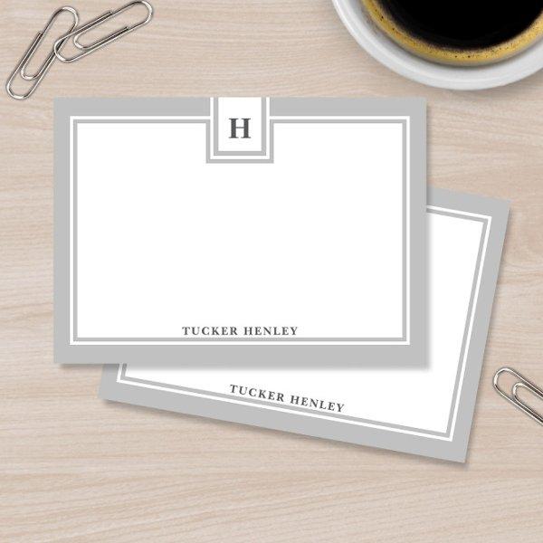 Contemporary Monogram Bold Gray Border Stationery Note Card