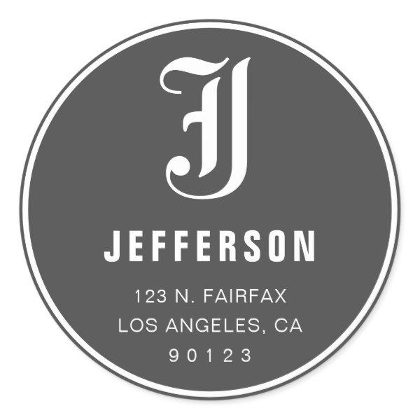 Cool Customizable Address & Monogram | Dark Grey Classic Round Sticker