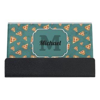 Cool pizza slices vintage teal pattern Monogram Desk  Holder