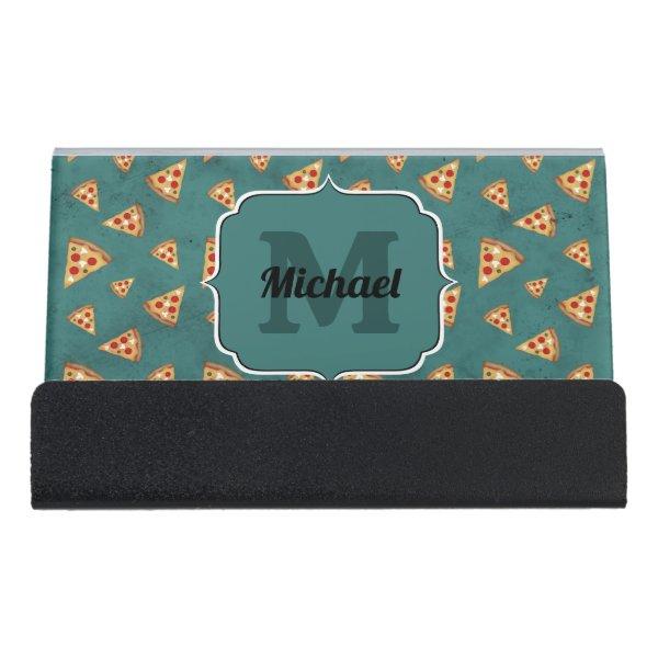 Cool pizza slices vintage teal pattern Monogram Desk  Holder