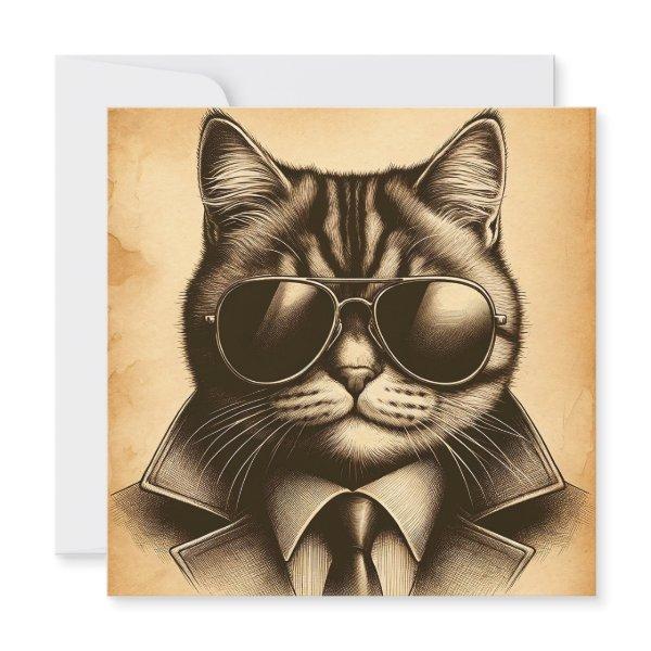 Cool Retro Cat in Aviator Sunglasses, Sepia Card