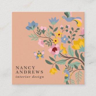 Coral peach floral bouquet whimsical illustration square