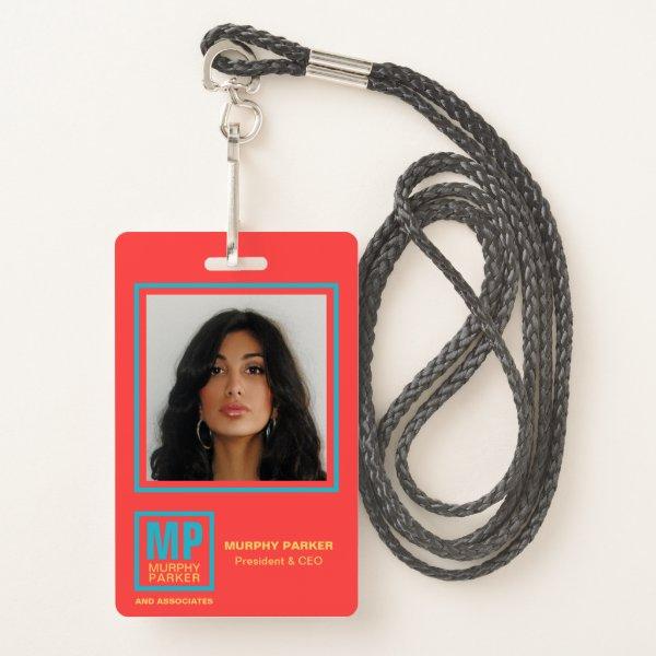 Coral Red Teal Yellow Monogram Logo Photo Badge