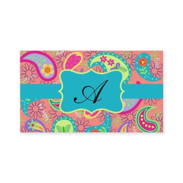 Coral Turquoise Modern Paisley Pattern Monogram