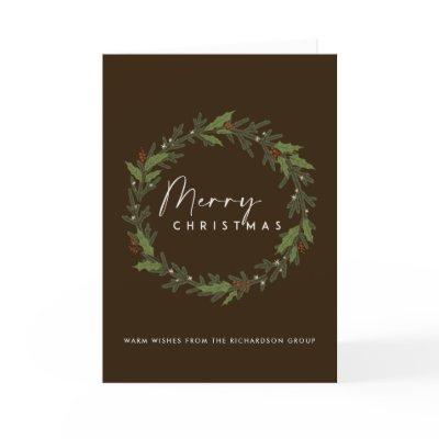 CORPORATE BROWN CHIC HOLLY BERRY WREATH CHRISTMAS CARD