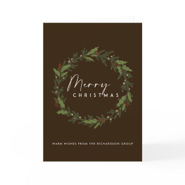 CORPORATE BROWN CHIC HOLLY BERRY WREATH CHRISTMAS CARD