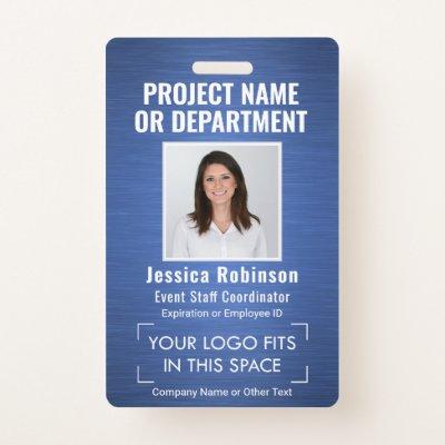 Corporate Logo Photo ID QR Barcode Brushed Blue Badge