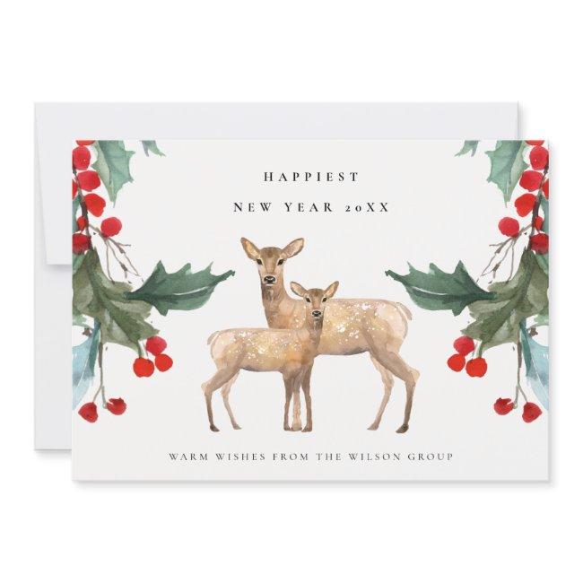 CORPORATE RED GREEN HOLLY BERRY DEER DUO NEW YEAR HOLIDAY CARD