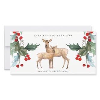 CORPORATE RED GREEN HOLLY BERRY DEER DUO NEW YEAR HOLIDAY CARD