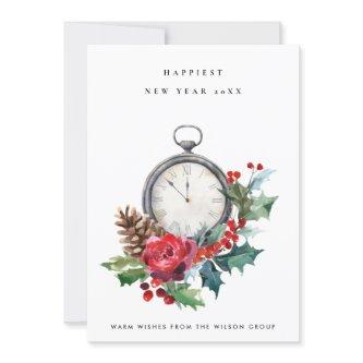 CORPORATE VINTAGE RED  HOLLY BERRY NEW YEAR CLOCK HOLIDAY CARD