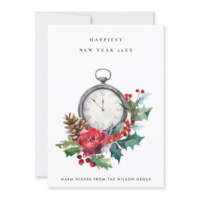 CORPORATE VINTAGE RED HOLLY BERRY NEW YEAR CLOCK HOLIDAY CARD