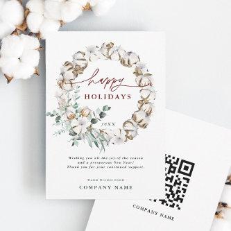 Cotton Flower Business Holiday Card with QR Code