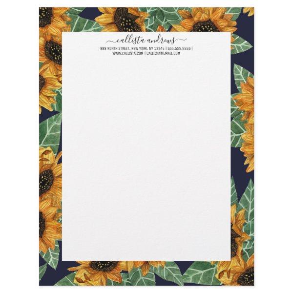 Country Cute Yellow Navy Sunflowers Watercolor Letterhead
