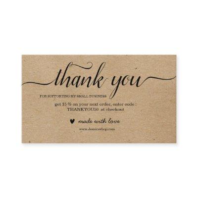 Craft paper thank you card for order packaging