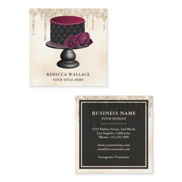 Cream Glitter Burgundy Floral Tufted Cake Bakery Square