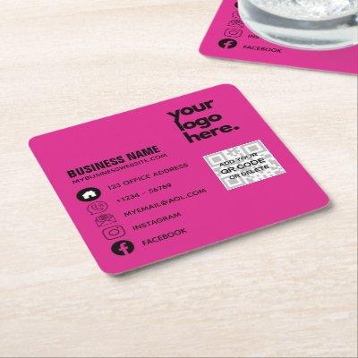 Create Own CERISE PINK QR CODE  Logo  Square Paper Coaster