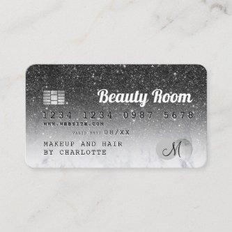 Credit card black glitter marble beauty monogram