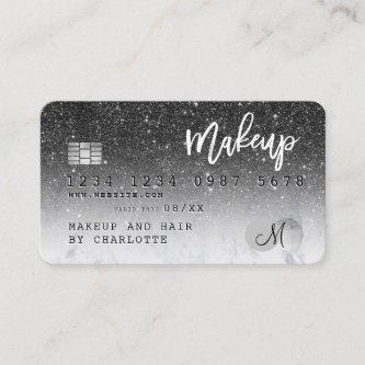 Credit card black glitter marble chic monogram