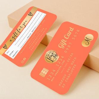 Credit card coral orange gold foil gift card