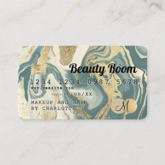 Credit card gold marble teal dark beauty monogram