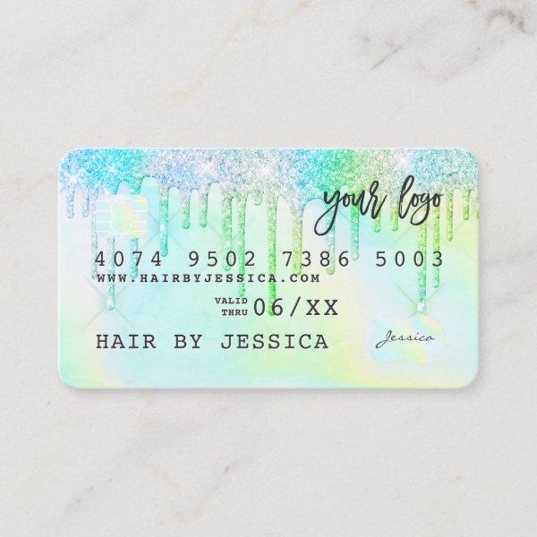 Credit card holographic rainbow mint glitter drips