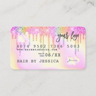 Credit card holographic rainbow pink glitter drips