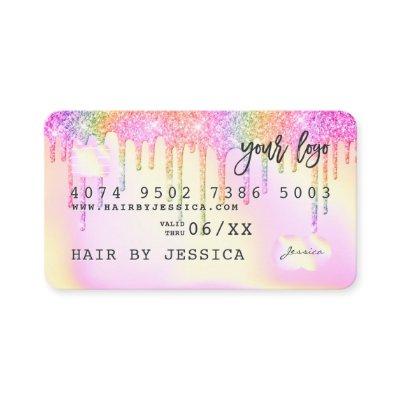 Credit card holographic rainbow pink glitter drips