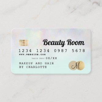 Credit card holographic teal ombre beauty monogram