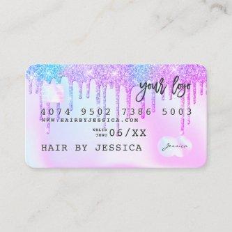 Credit card holographic unicorn pink glitter drips