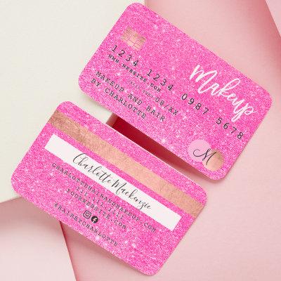 Credit card neon pink glitter makeup hair monogram