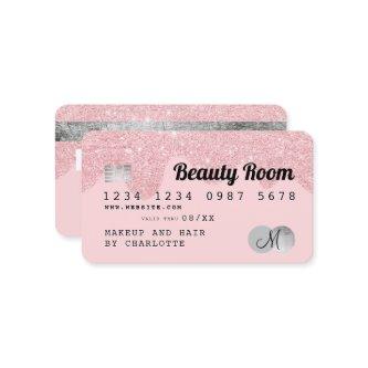 Credit card pink glitter drips silver monogram