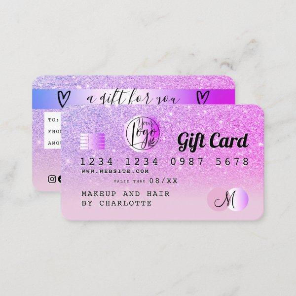 Credit card pink purple glitter ombre gift card