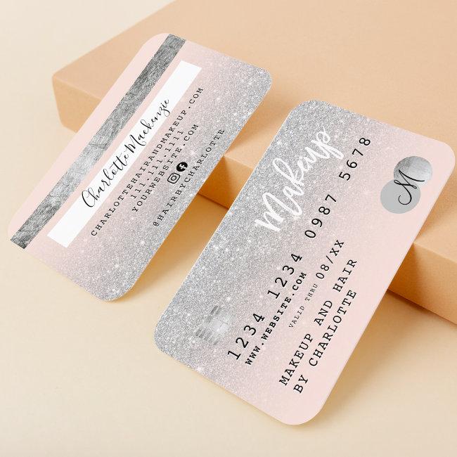Credit card silver glitter blush pink monogram