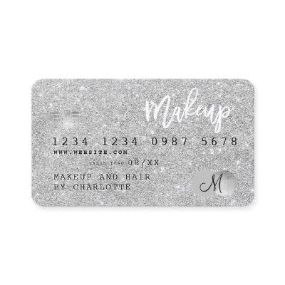 Credit card silver glitter makeup hair monogram