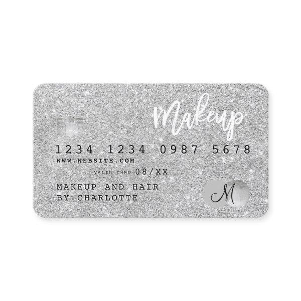 Credit card silver glitter makeup hair monogram