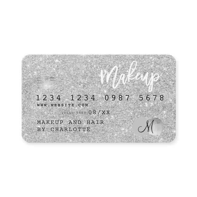 Credit card silver glitter makeup hair monogram