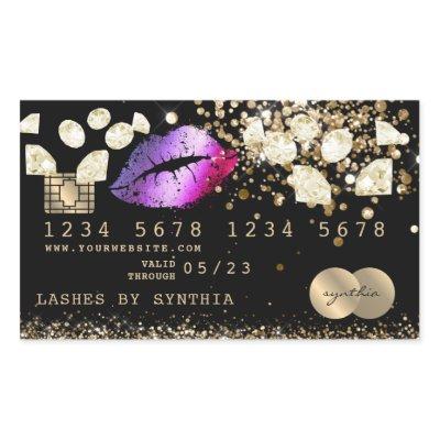 Credit Debit Card Styled Glitter Gold lips diamond Rectangular Sticker
