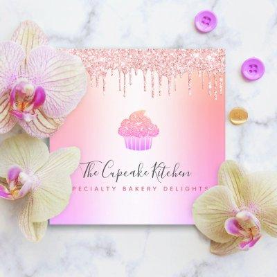 Cupcake Bakery Chef Pink Rainbow Rose Glitter Drip Square