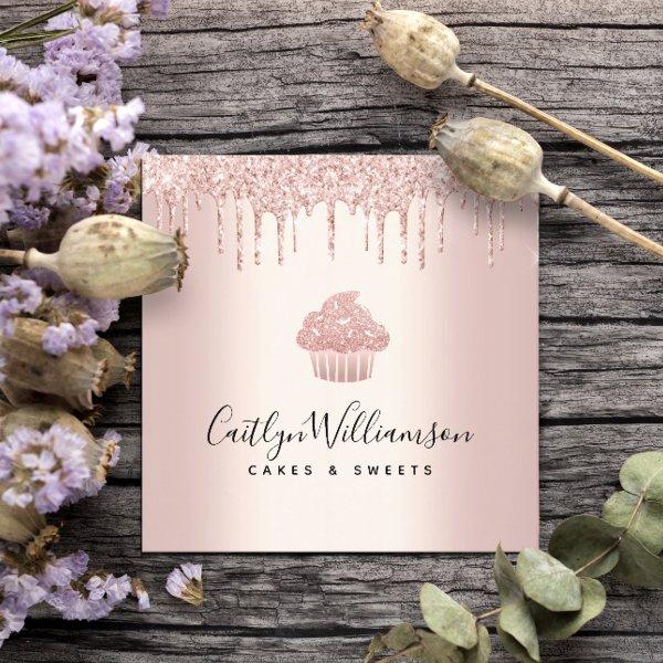 Cupcake Bakery Pastry Chef Rose Gold Glitter Drips Square
