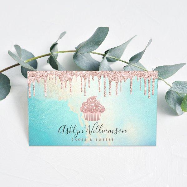 Cupcake Bakery Rose Gold Glitter Drips Watercolor