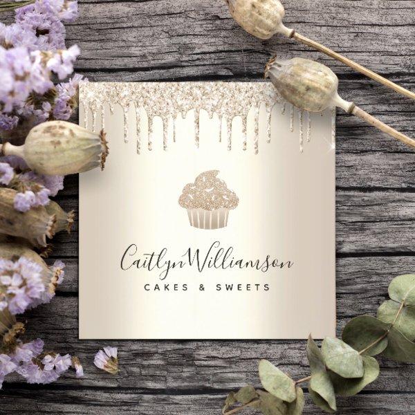 Cupcake Pastry Bakery Chef Chic Gold Glitter Drips Square